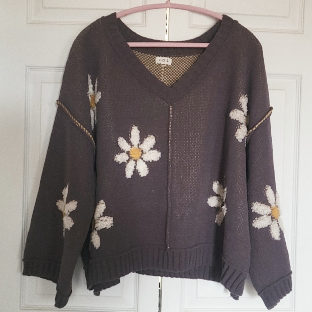 POL Gray Daisy Jacquard Knit Sweater Medium Oversized Cozy V-Neck Pullover - Picture 4 of 8